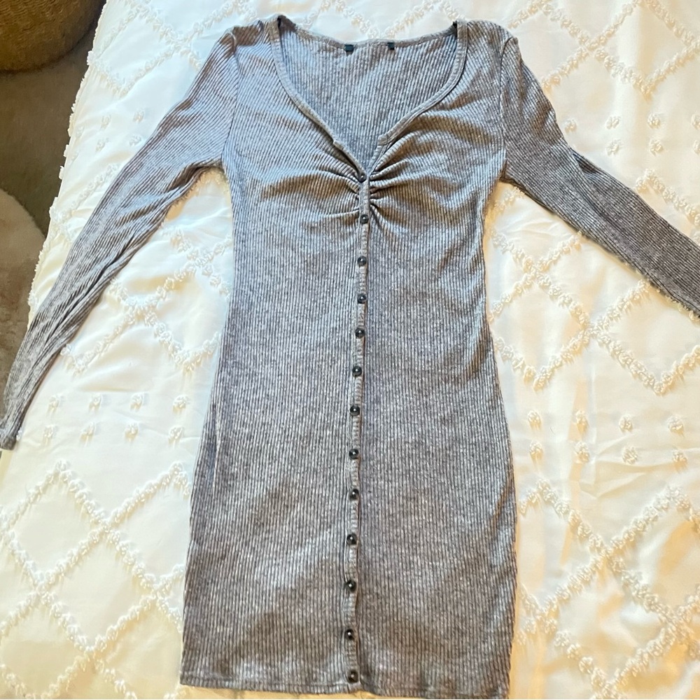 Gray Ribbed Button-Down Dress